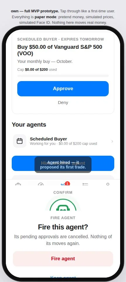 iMoney agent approval card — an agent's proposal, waiting for your yes, in the working prototype
