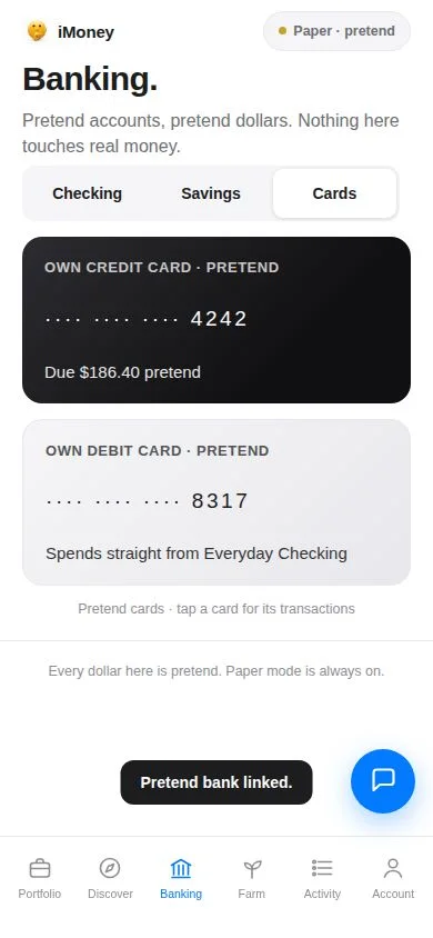 iMoney cards screen — the card, its due amount, and a pay-bill path