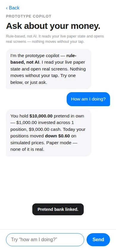 iMoney copilot screen — answering from your own portfolio