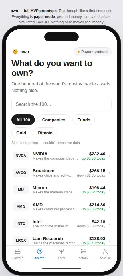 iMoney discover screen — what do you want to own?