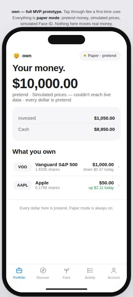 iMoney portfolio screen — total, invested, and cash, in the working prototype