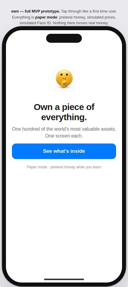 iMoney welcome screen — the promise, in the working prototype