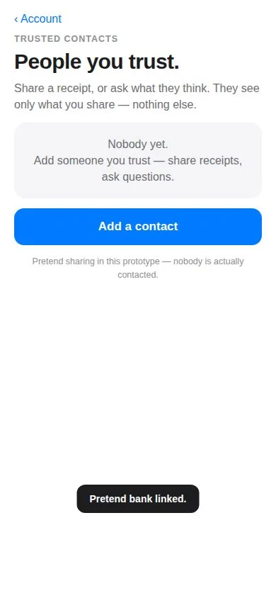 iMoney trusted contacts screen — the people whose judgment you trust
